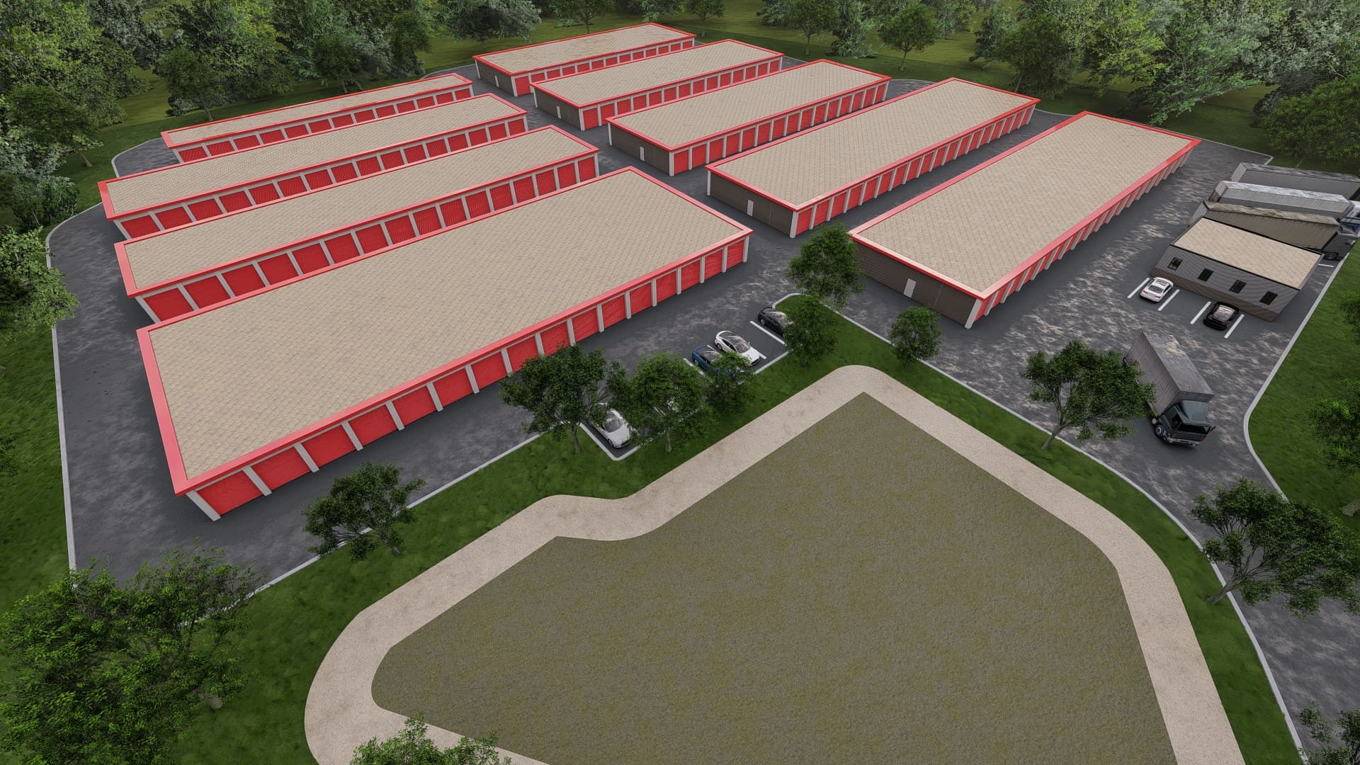 Aerial rendering of Pack-It-Up Self Storage with red storage unit doors